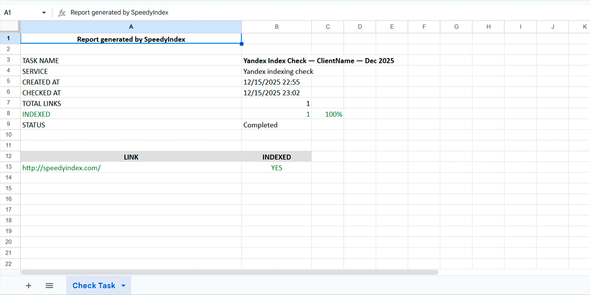 Приклад звіту індексації Yandex у форматі Excel