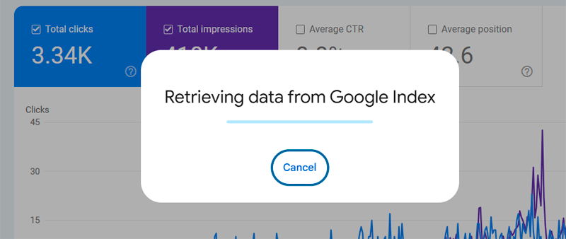 Google Search Console показує екран «Retrieving data from Google Index»